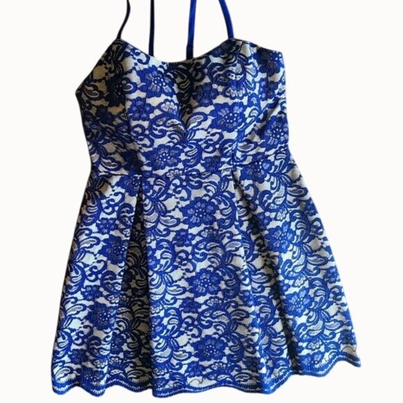 Speechless Size 9 Blue Lace Floral Fit & Flare Mini Dress With Lace-Up Back - Picture 1 of 8